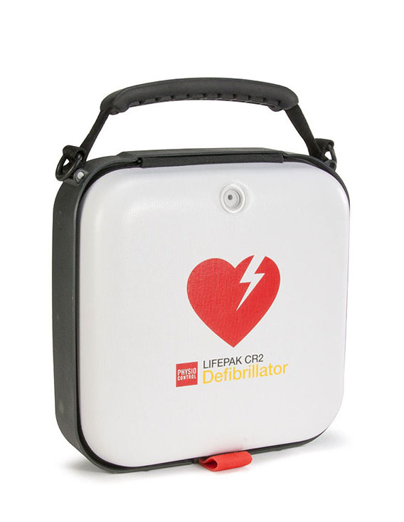 Physio-Control LIFEPAK CR2 AED in white and black carry case with red heart logo, designed for fast and effective defibrillation during cardiac emergencies.